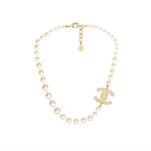 Chanel Glass Pearls CC Necklace Gold Pearly