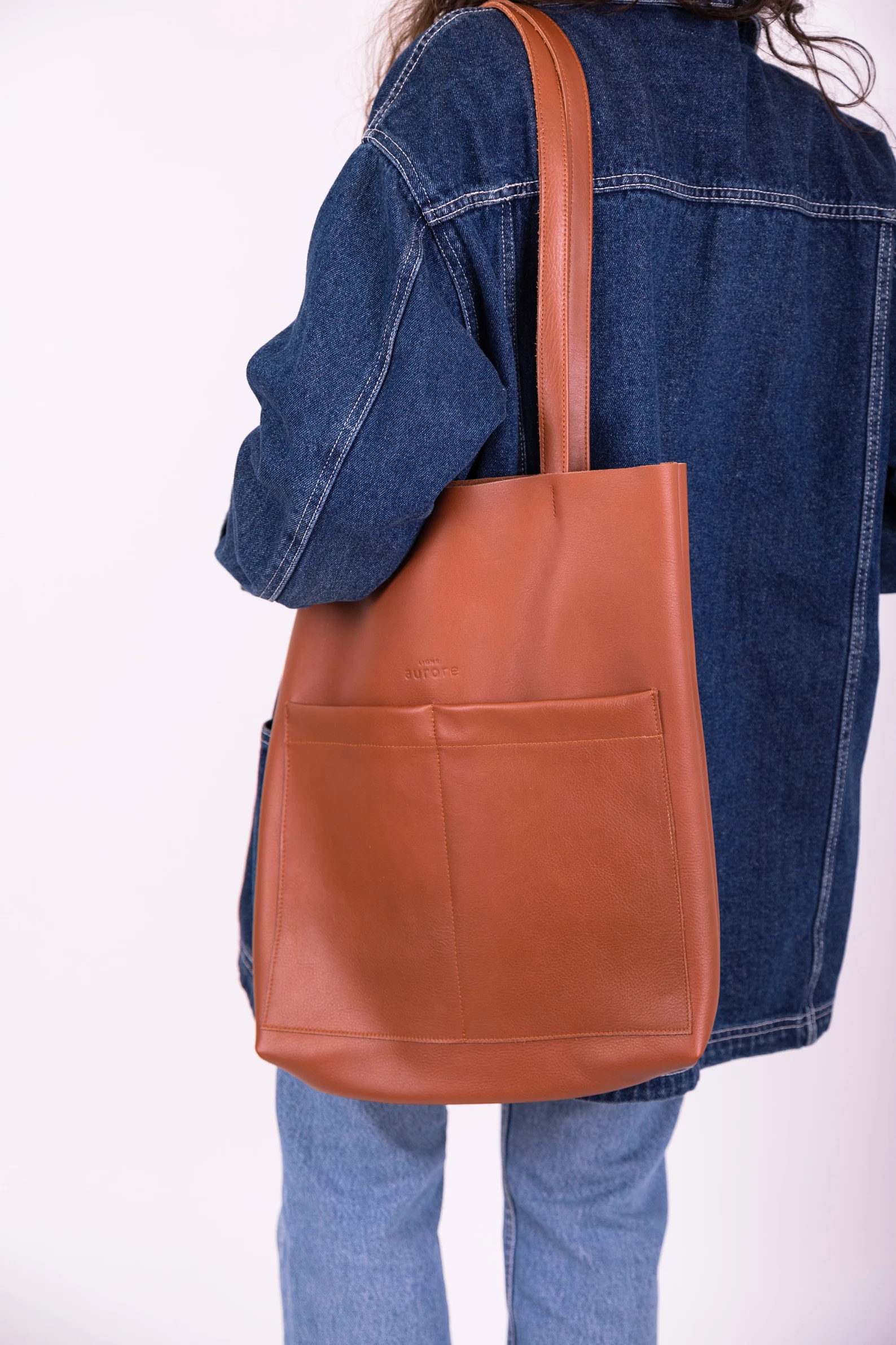Handbag, tote bag, in leather, cognac color - Image 7