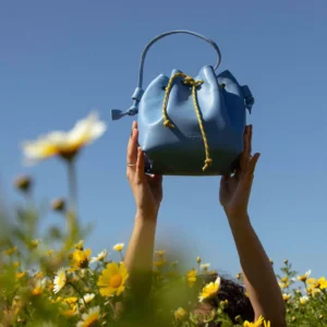 Bucket bag, mini leather bag, sky blue color