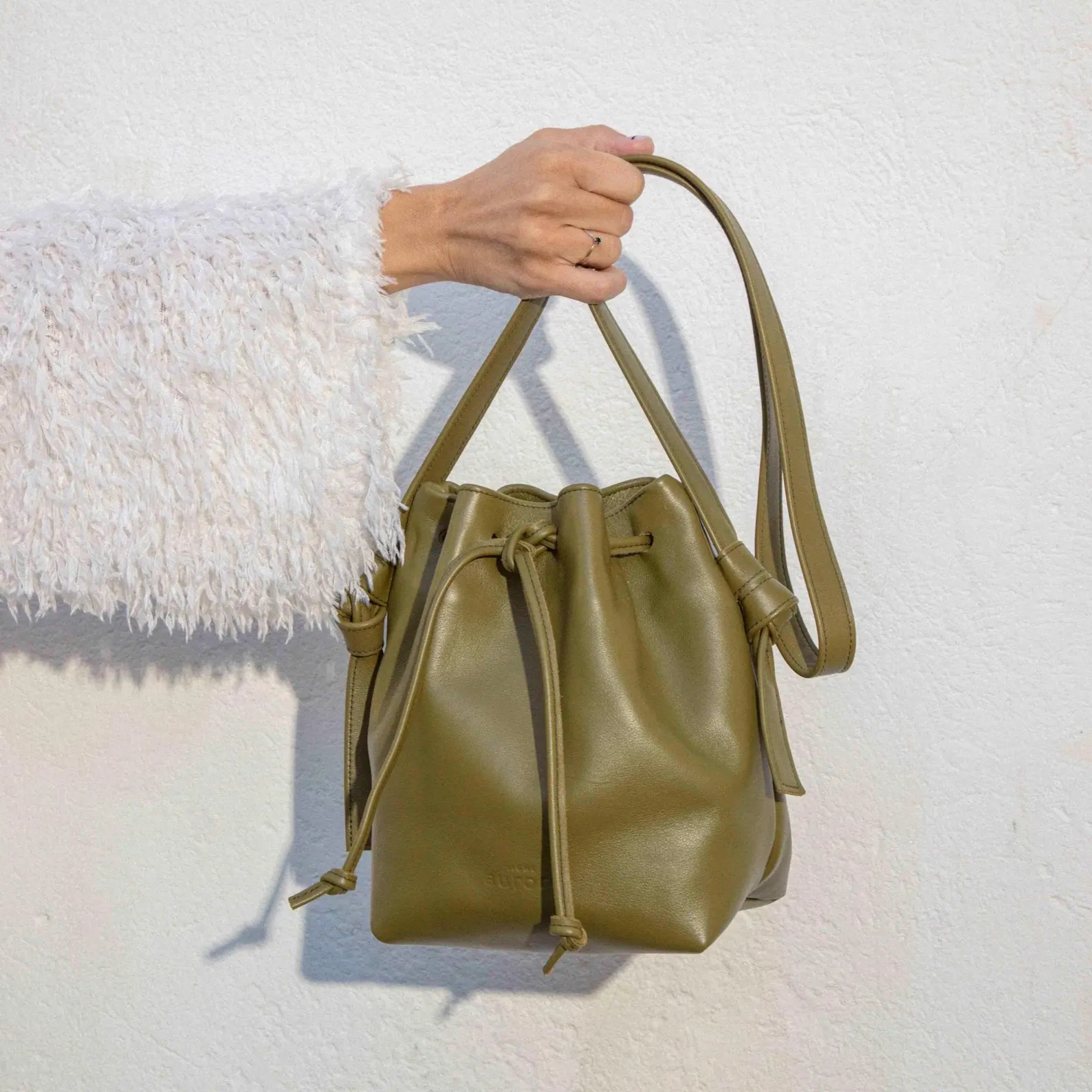 Bucket bag, smooth leather bag, khaki green color