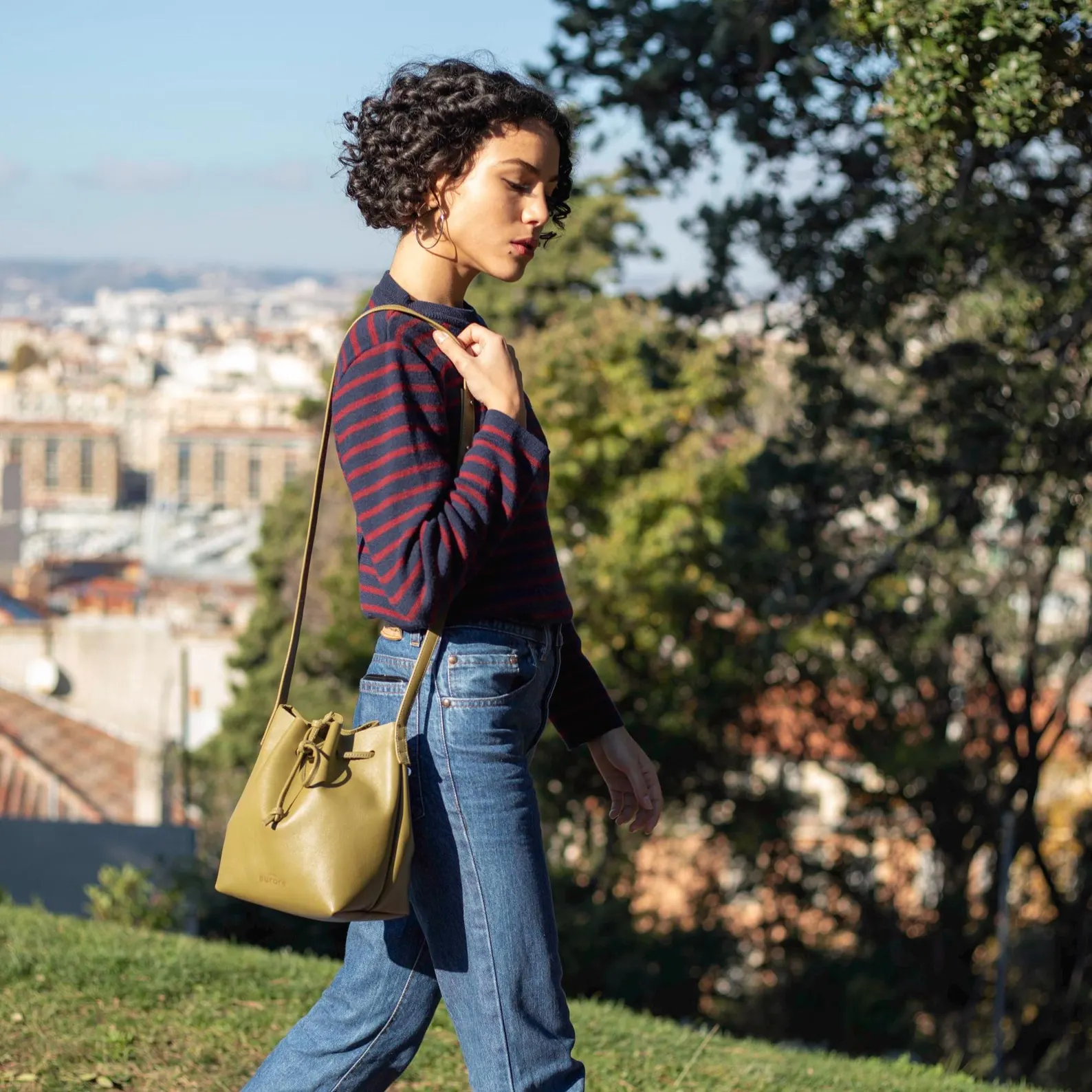 Bucket bag, smooth leather bag, khaki green color - Image 5