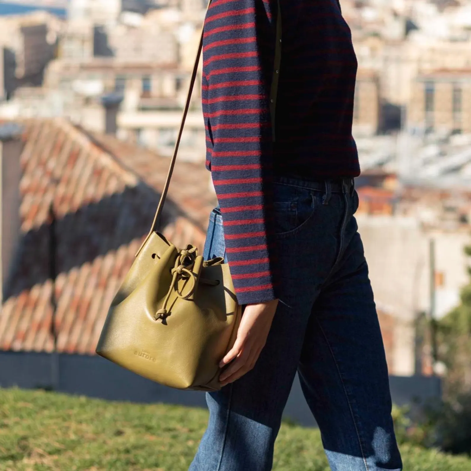 Bucket bag, smooth leather bag, khaki green color - Image 6