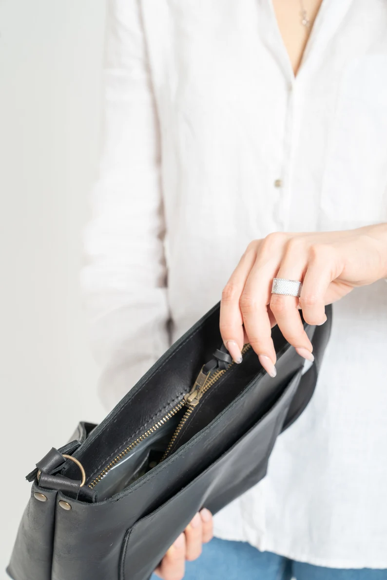 Black Leather Crossbody Bag Women Shoulder Bag Mini Bag - Image 4